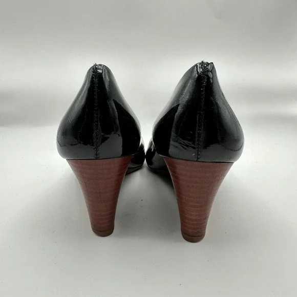 Tory Burch Lowell Wedge Heels Womens 7M Black Patent Leather Peep Toe Luxury CEO - Picture 7 of 10